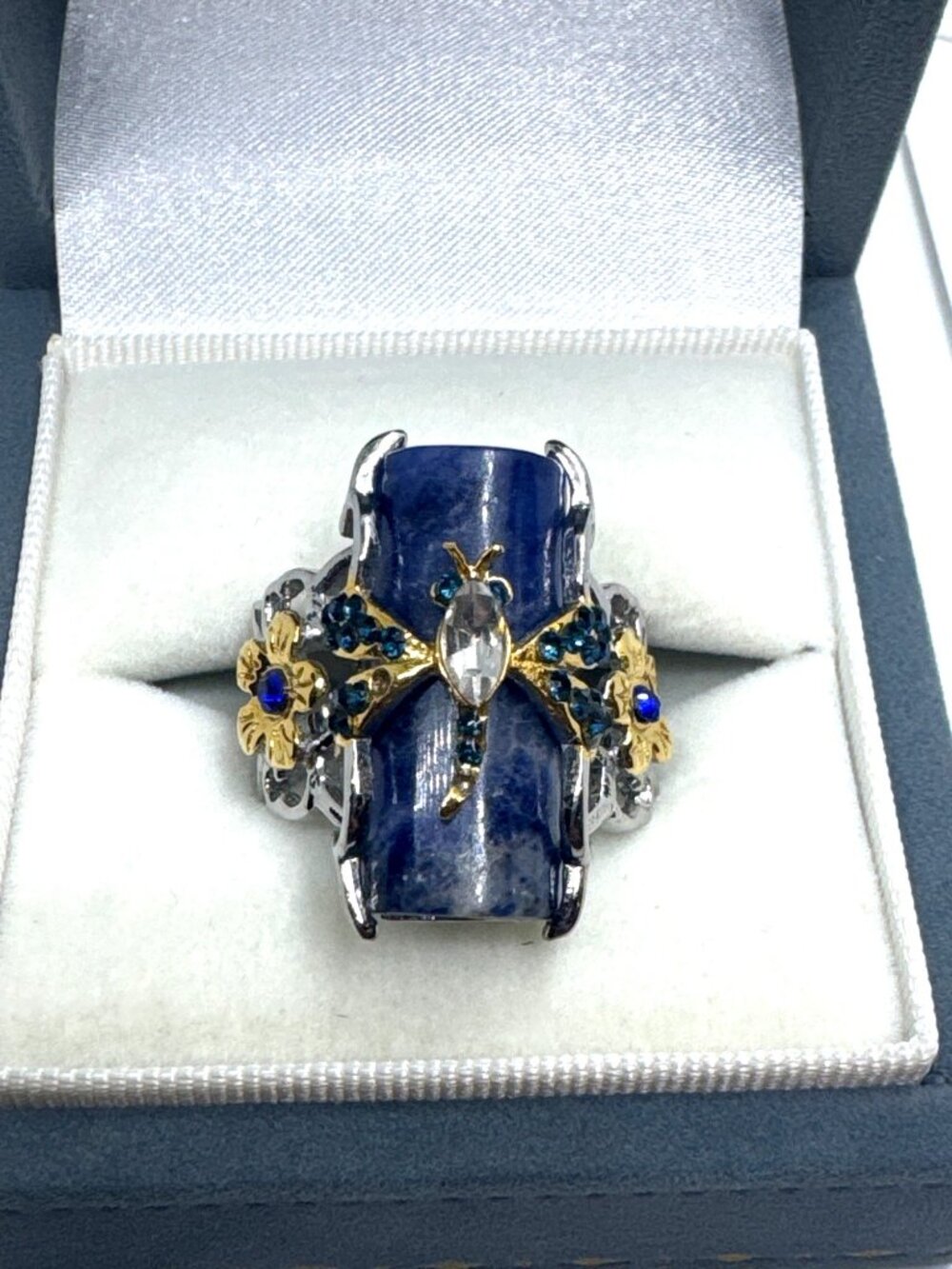 316L Stainless Steel Ring Blue Lapis Lazuli Crystal Dragonfly Floral Size 10 Box